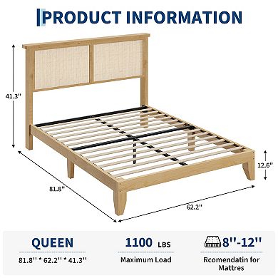 Queen Size Rattan Platform Bed Frame, RGB LED Light, Sturdy Support, No Box Spring Needed