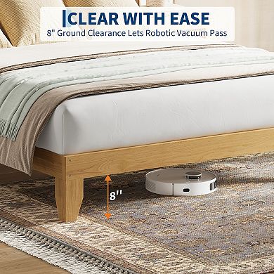 Queen Size Rattan Platform Bed Frame, RGB LED Light, Sturdy Support, No Box Spring Needed