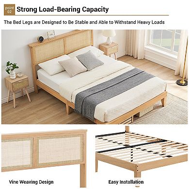 Queen Size Rattan Platform Bed Frame, RGB LED Light, Sturdy Support, No Box Spring Needed