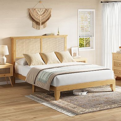 Queen Size Rattan Platform Bed Frame, RGB LED Light, Sturdy Support, No Box Spring Needed