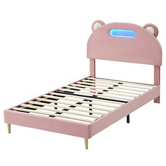 Twin Size Upholstered Platform Bed Frame, LED Lights, Panda Head, Light Pink, No Box Spring Needed