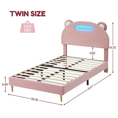 Twin Size Upholstered Platform Bed Frame, LED Lights, Panda Head, Light Pink, No Box Spring Needed