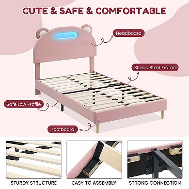 Twin Size Upholstered Platform Bed Frame, LED Lights, Panda Head, Light Pink, No Box Spring Needed