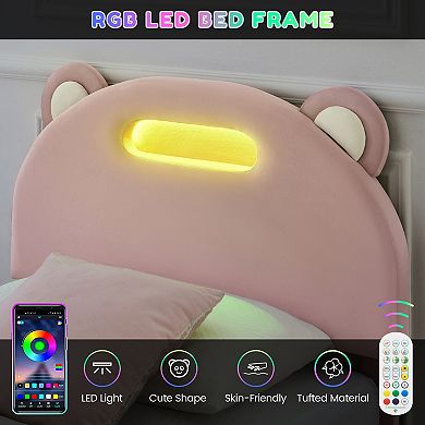 Twin Size Upholstered Platform Bed Frame, LED Lights, Panda Head, Light Pink, No Box Spring Needed