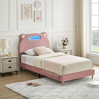 Twin Size Upholstered Platform Bed Frame, LED Lights, Panda Head, Light Pink, No Box Spring Needed