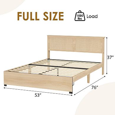Full Size Rattan Platform Bed Frame, 2 Storage Drawers, No Box Spring Needed