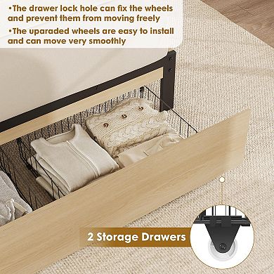 Full Size Rattan Platform Bed Frame, 2 Storage Drawers, No Box Spring Needed