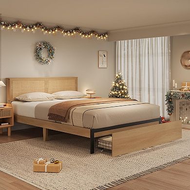 Full Size Rattan Platform Bed Frame, 2 Storage Drawers, No Box Spring Needed
