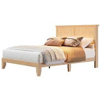 Full Size Rattan Platform Bed Frame, RGB LED Light, Sturdy Support, No Box Spring Needed