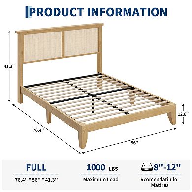 Full Size Rattan Platform Bed Frame, RGB LED Light, Sturdy Support, No Box Spring Needed