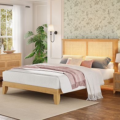Full Size Rattan Platform Bed Frame, RGB LED Light, Sturdy Support, No Box Spring Needed