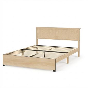 Queen Size Rattan Platform Bed Frame, 2 Storage Drawers, No Box Spring Needed
