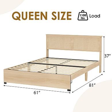 Queen Size Rattan Platform Bed Frame, 2 Storage Drawers, No Box Spring Needed