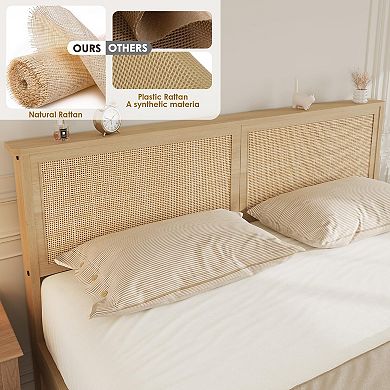 Queen Size Rattan Platform Bed Frame, 2 Storage Drawers, No Box Spring Needed