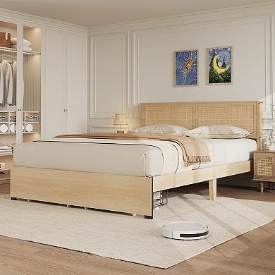 Queen Size Rattan Platform Bed Frame, 2 Storage Drawers, No Box Spring Needed