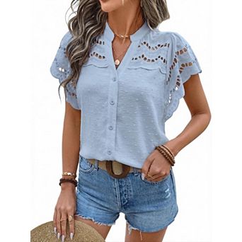Summer Tops for Women V Neck Short Sleeve Lace Eyelet Tops Dressy Casual Blouses Trendy
