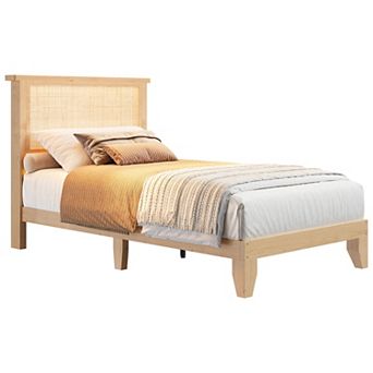 Twin Size Rattan Platform Bed Frame, Sturdy Support, No Box Spring Needed