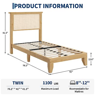 Twin Size Rattan Platform Bed Frame, Sturdy Support, No Box Spring Needed