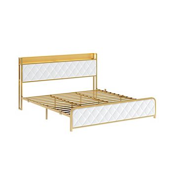 King Size Upholstered Platform Bed Frame, APP LED Lights, Socket, Beige, No Box Spring Needed