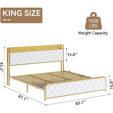 King Size Upholstered Platform Bed Frame, APP LED Lights, Socket, Beige, No Box Spring Needed