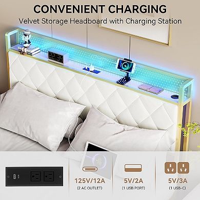 King Size Upholstered Platform Bed Frame, APP LED Lights, Socket, Beige, No Box Spring Needed