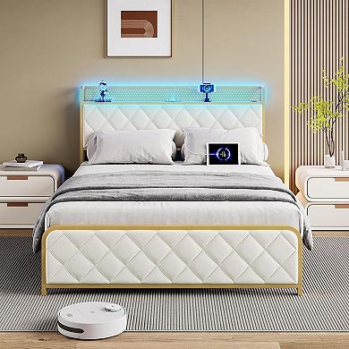 King Size Upholstered Platform Bed Frame, APP LED Lights, Socket, Beige, No Box Spring Needed