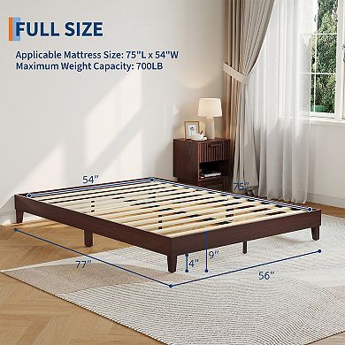 Full Size Wooden Platform Bed Frame, Sturdy Noise-Free, No Box Spring, Dark Walnut