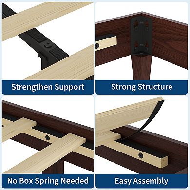 Full Size Wooden Platform Bed Frame, Sturdy Noise-Free, No Box Spring, Dark Walnut
