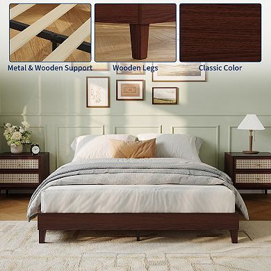 Full Size Wooden Platform Bed Frame, Sturdy Noise-Free, No Box Spring, Dark Walnut