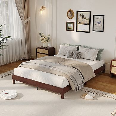 Full Size Wooden Platform Bed Frame, Sturdy Noise-Free, No Box Spring, Dark Walnut