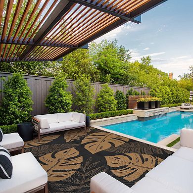 Modern Tropical Leaf Outdoor Rug Waterproof Plastic Straw Carpet UV-Resistant Reversible Mat