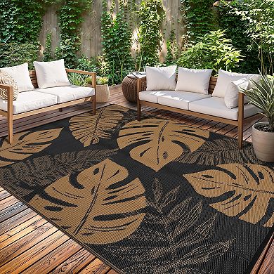 Modern Tropical Leaf Outdoor Rug Waterproof Plastic Straw Carpet UV-Resistant Reversible Mat