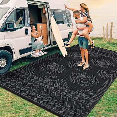 Modern Outdoor Plastic Straw Rug Waterproof Patio Rug with Stakes, Foldable Portable Camping Mat