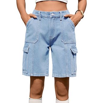 Womens Cargo Denim Shorts Summer Casual Fashion Vintage Loose Button Shorts