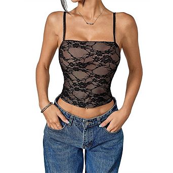Women's Lace Spaghetti Strap Crop Top Sheer Floral Lace Square Neck Slim Fit Cami Top