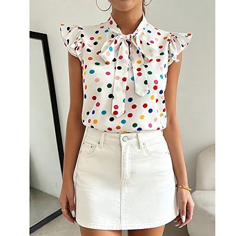Women's Bow Tie Neck Ruffle Sleeve Blouse Colorful Polka Dot Sleeveless Casual Top
