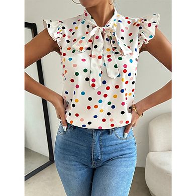 Women's Bow Tie Neck Ruffle Sleeve Blouse Colorful Polka Dot Sleeveless Casual Top