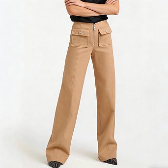Women's High Waist Wide Leg Pants Front Zipper Flap Pockets Tailored Casual Trousers