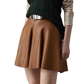 Women's Faux Leather Flared Mini Skirt High Waist A-Line Pleated Casual Skirt
