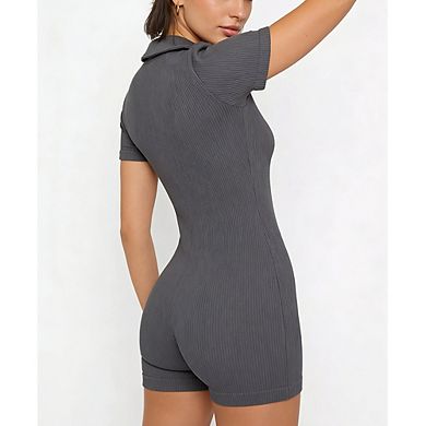 Women's Ribbed Polo Collar Romper Short Sleeve Button Front Bodycon Short Jumpsuit