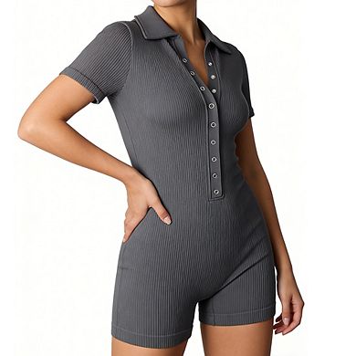 Women's Ribbed Polo Collar Romper Short Sleeve Button Front Bodycon Short Jumpsuit