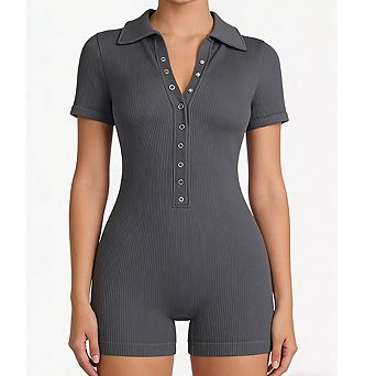 Women's Ribbed Polo Collar Romper Short Sleeve Button Front Bodycon Short Jumpsuit
