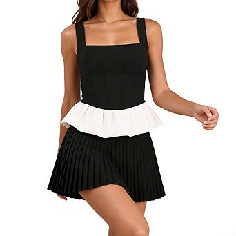 Women's Square Neck Peplum Cami Top Sleeveless Color Block Corset Style Ruffle Hem Blouse
