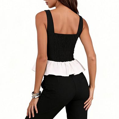 Women's Square Neck Peplum Cami Top Sleeveless Color Block Corset Style Ruffle Hem Blouse