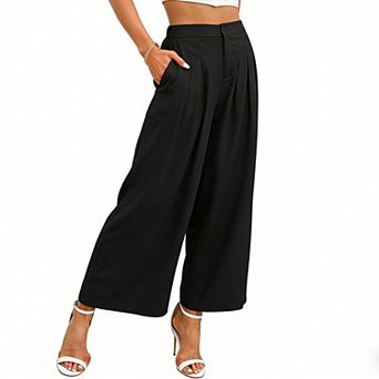 Women's High Waist Pleated Wide Leg Pants Flowy Cropped Dress Pants for Work & Casual Wear