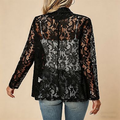 Women's Sheer Lace Blazer Open Front Long Sleeve Lightweight Cardigan Jacket Evening & Casual Wear