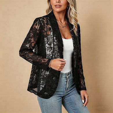Women's Sheer Lace Blazer Open Front Long Sleeve Lightweight Cardigan Jacket Evening & Casual Wear