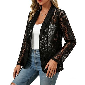 Women's Sheer Lace Blazer Open Front Long Sleeve Lightweight Cardigan Jacket Evening & Casual Wear