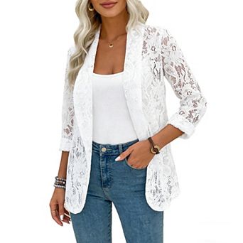 Women's Sheer Lace Blazer Open Front Long Sleeve Lightweight Cardigan Jacket Evening & Casual Wear