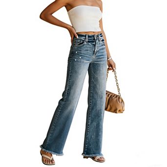 Women's High Waist Frayed Hem Wide Leg Jeans Casual Stretch Denim Pants for Everyday Wear